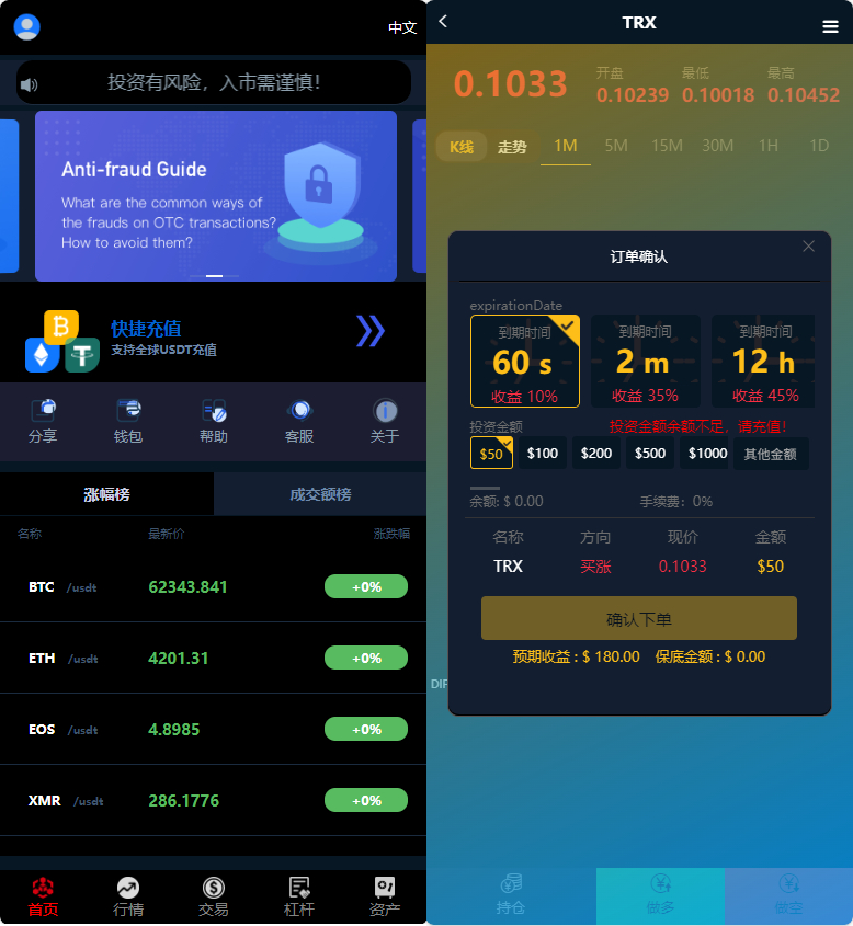 全新UI多语言微盘系统源码/外汇投资理财/虚拟币USDT充值接口/后台可控盈亏 - 狗凯之家免费源码网